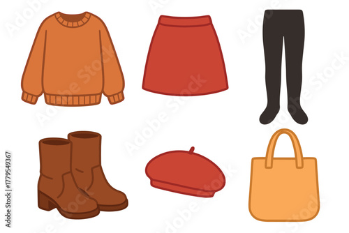 Autumn fashion elements for cozy style and seasonal trends. Set of 6 vector illustration