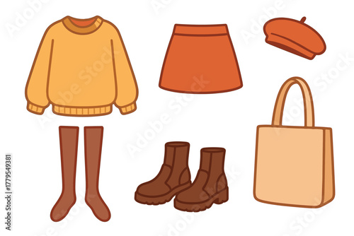 Cozy autumn outfit collection for casual gatherings and outings. Set of 6 vector illustration