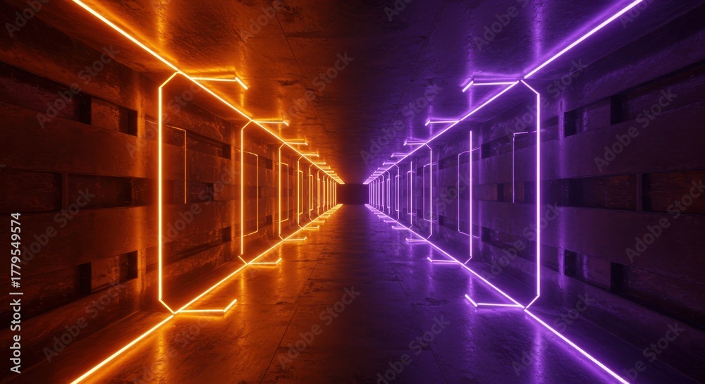 Fototapeta premium Long concrete corridor illuminated by contrasting neon light strips receding into the distance