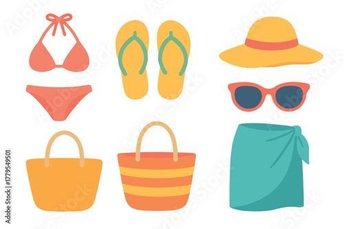 Essential summer beach gear including bikini, sandals, and bags. Set of 6 vector illustration