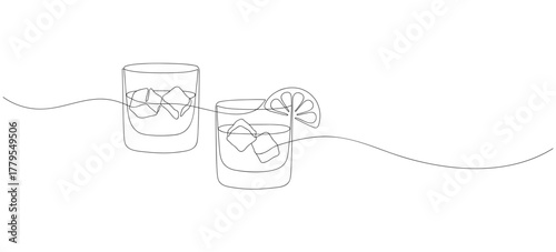 Whiskies and ice. Scotch on the rocks in glasses. Whiskey and soda. Continuous one line drawing vector illustration