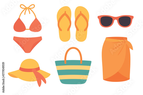 Summer vacation essentials for beach day fun and relaxation. Set of 6 vector illustration