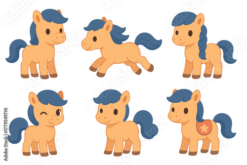 Cute cartoon ponies in various poses for childrens designs. Set of 6 vector illustration