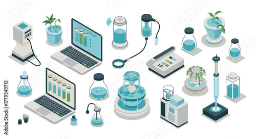 Isometric laboratory equipment with laptops and plants in scientific research setup