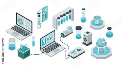 Isometric laboratory equipment featuring laptops and scientific apparatus for research