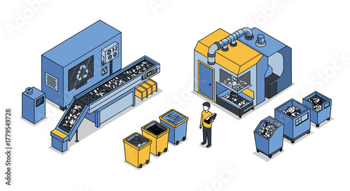 Isometric recycling facility with conveyor and worker managing waste sorting