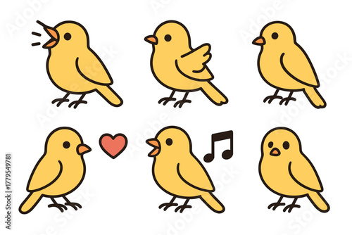 Cute cartoon canaries expressing emotions through actions. Set of 6 vector illustration