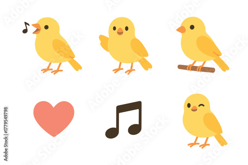 Cute yellow birds singing and expressing joy through music and love. Set of 6 vector illustration