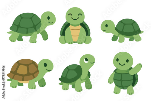 Cute cartoon turtles with cheerful expressions for fun design projects. Set of 6 vector illustration