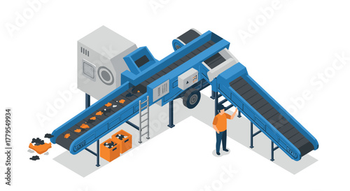 Modern isometric factory conveyor system with worker and machinery operations