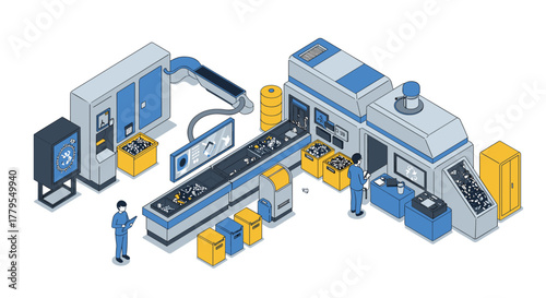 Isometric factory assembly line with robots and engineers in a modern industrial setting