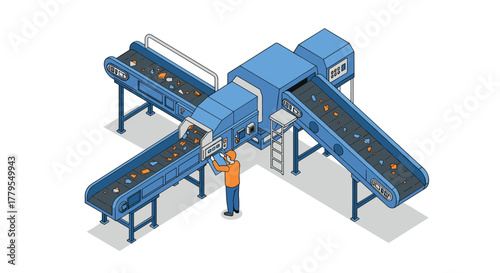 Automated conveyor system with worker in modern isometric design