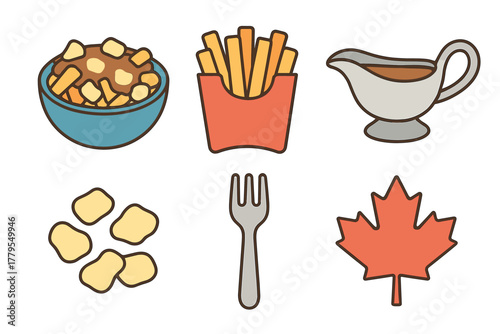 Canadian cuisine featuring poutine, fries, and maple leaf design. Set of 6 vector illustration