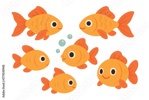 Colorful goldfish swimming joyfully in a playful underwater scene. Set of 6 vector illustration