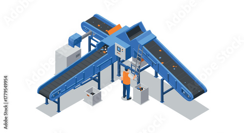 Isometric factory automation conveyor belt with worker in industrial setting