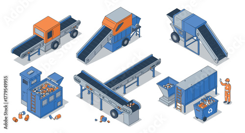 Isometric waste management facility with recycling and conveyor systems