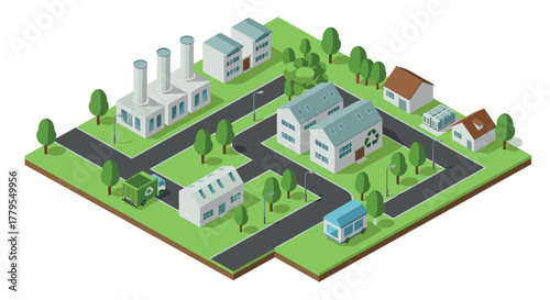 Sustainable city concept with recycling facilities and green energy sources in isometric style