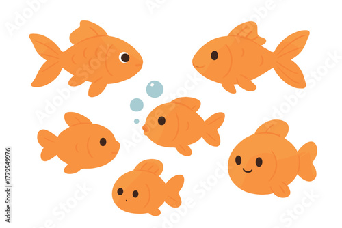 Cute goldfish swimming in a playful underwater scene. Set of 6 vector illustration