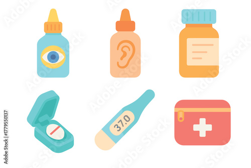 Colorful medical supplies and wellness items for healthcare needs. Set of 6 vector illustration