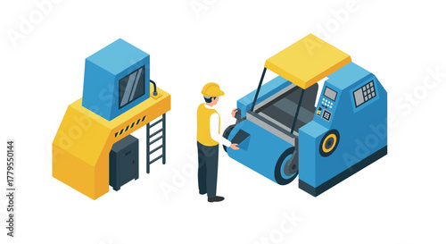 Isometric factory machinery with worker operating industrial equipment