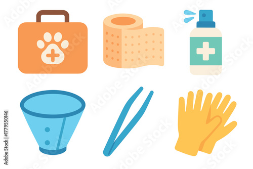 Essential tools for pet care and first aid kit readiness. Set of 6 vector illustration