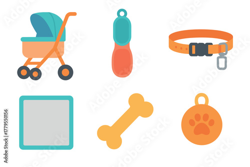 Stroller pet collar dog bone and pet tags for playful companions. Set of 6 vector illustration