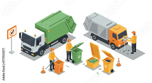 Isometric waste management scene with garbage trucks and recycling bins