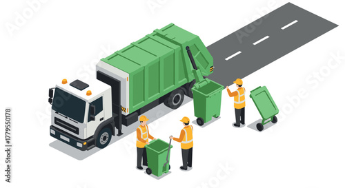 Isometric waste management garbage truck and workers collecting bins on a road