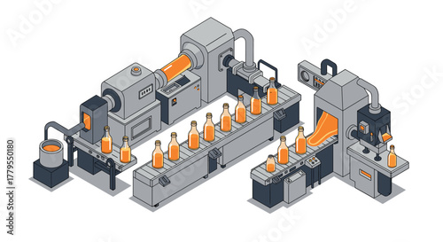 Isometric factory conveyor system with bottling and packaging machines in operation