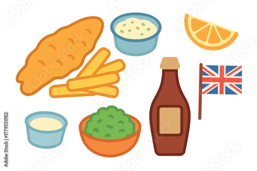 Classic British fish and chips meal with condiments and garnish. Set of 6 vector illustration