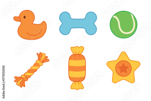 Fun toys for pets and playtime activities with treats. Set of 6 vector illustration
