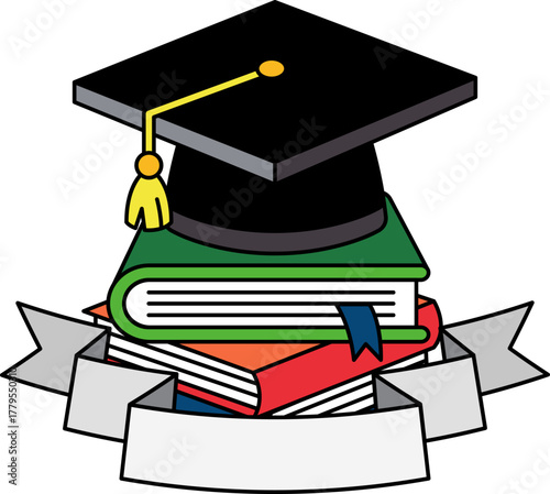 logotype of A stack of books with A graduation cap