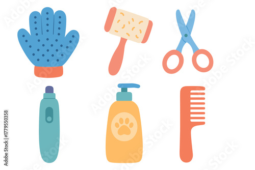Essential grooming tools for pet care and maintenance use. Set of 6 vector illustration