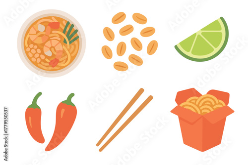 Delicious noodles with chili, lime, and peanuts for a tasty meal. Set of 6 vector illustration
