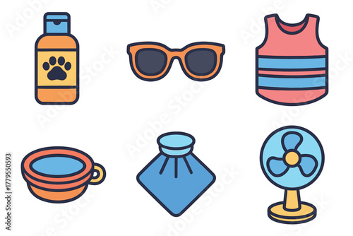Fun summer essentials for outdoor activities and family adventures. Set of 6 vector illustration