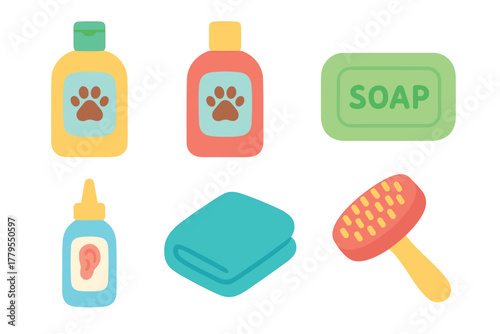 Essential grooming supplies for pet care routines at home. Set of 6 vector illustration