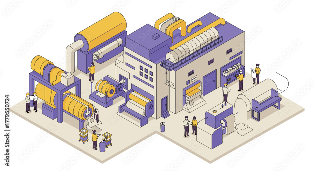 Fototapeta premium Isometric factory scene with workers and machinery in a modern industrial setting