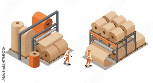 Isometric paper manufacturing process with workers and machinery