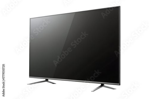 Sleek modern flat-screen television with a reflective black screen, standing on an isolated white background. High-definition display technology for home entertainment and media consumption