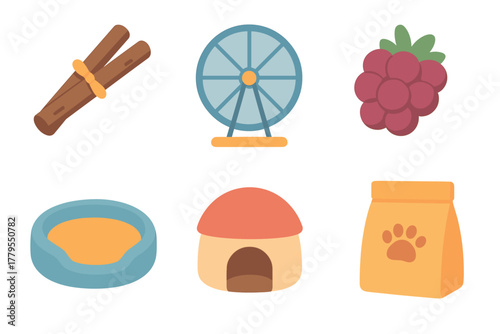 Fun animal care supplies and delicious berries for pets. Set of 6 vector illustration