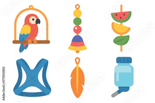 Colorful parrot toys and accessories for fun pet playtime. Set of 6 vector illustration