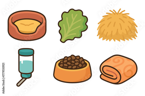 Essentials for pet care in a cozy home setting. Set of 6 vector illustration