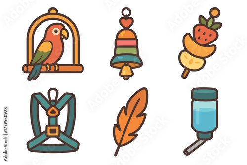 Vibrant collection of pet accessories and playful items for birds. Set of 6 vector illustration