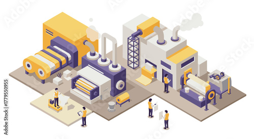 Isometric factory scene with modern machinery and workers in action