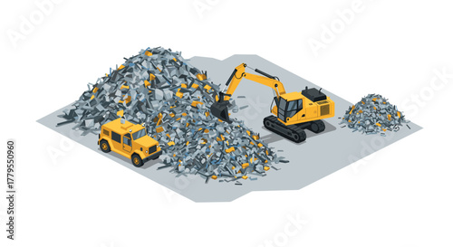 Construction site with excavator and truck in isometric view