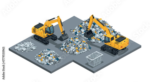 Isometric construction scene with excavators moving debris on site