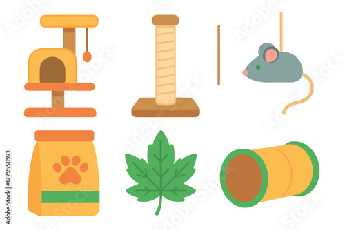 Cat playtime essentials for joyful furry companions. Set of 6 vector illustration