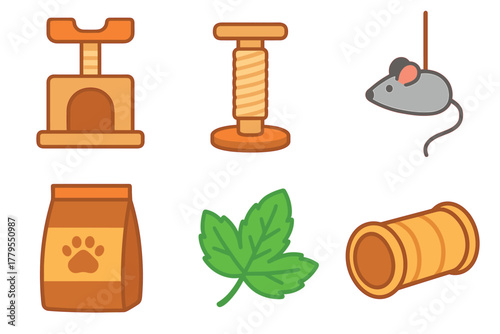 Cat playtime essentials for a fun pet environment. Set of 6 vector illustration