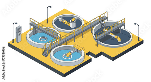 Isometric wastewater treatment plant with industrial equipment and infrastructure