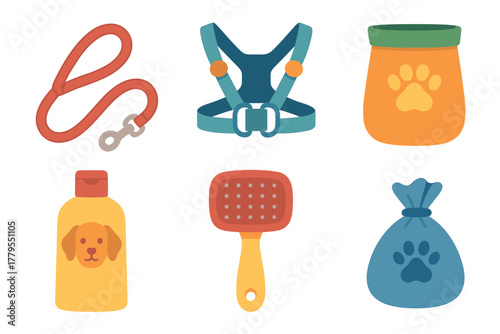 Essential dog walking supplies for pet owners and their furry friends. Set of 6 vector illustration